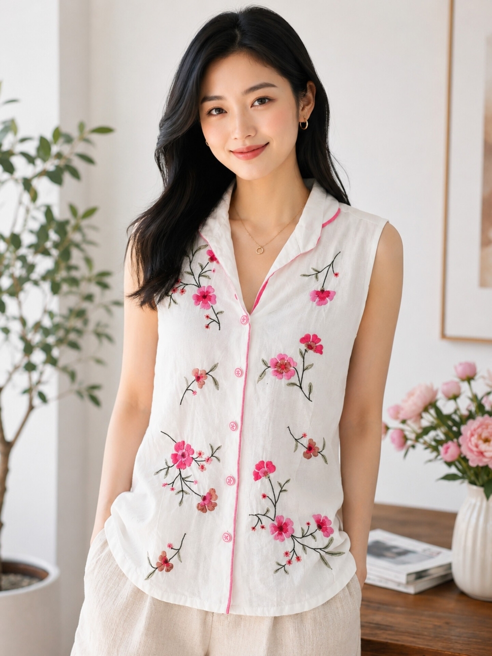 Anne Carson Embroidered Linen Button Down Shirt